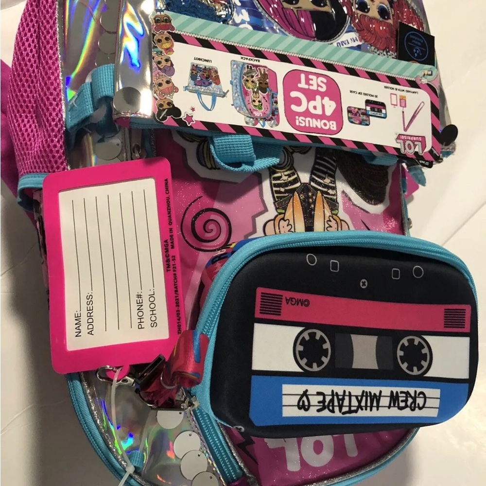 New L.O.L. Surprise! Remix 4pc. Pink Backpack 17” Lunch bag Lanyard Zip Case NWT - Picture 10 of 10